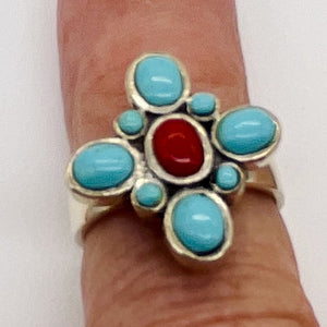 Turquoise Coral Sterling Silver Ring | Size 7.75 | Blue Red | 1 Ring |