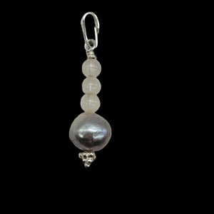 Rose Quartz, Silver Blue Pearl Sterling Silver Pendant| 1 1/4" Long| Pink, Blue|
