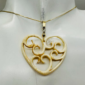 Heart Shape Delicate Carved Bone 14K Gold Filled Pendant| 1 3/4" Long | Cream |