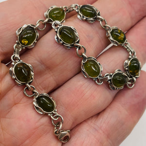 Amber Sterling Silver Bezel Set 8x6mm Stones | 7 1/2" Long | Green | 1 Bracelet|