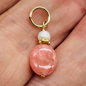 Rhodocrosite Freshwater Pearl 14K Gold Filled Pendant| 1" Long| Pink White |