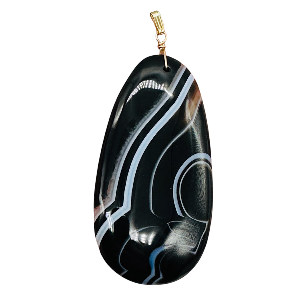 Stunning! Black and White Sardonyx 14Kgf Wire Wrap Pendant | 2 3/4 Inch Long |