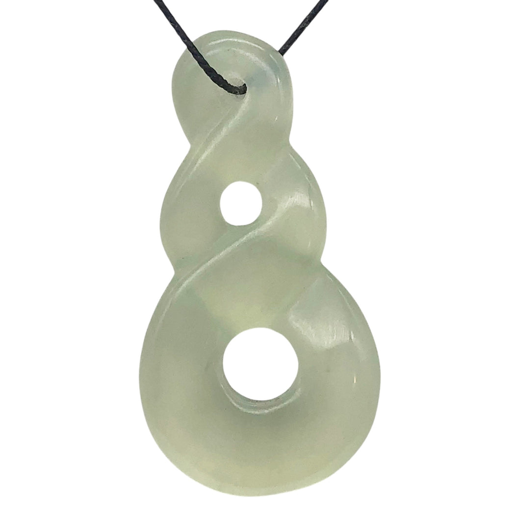 Hand Carved Translucent Serpentine Infinity Pendant with Black Cord 10821W | 45.5x24x6mm | Light Green