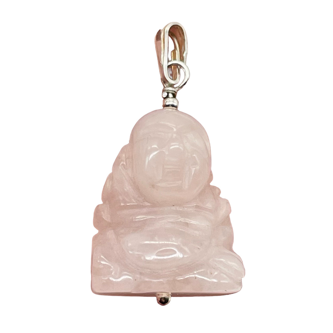 Rose Quartz Buddha Pendant Necklace|Semi Precious Stone Jewelry|Sterling Silver|