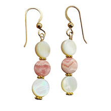 Load image into Gallery viewer, Rhodocrosite Mother of Pearl 14K Gold Filled Drop Earrings | 1 3/4&quot;| Pink White|
