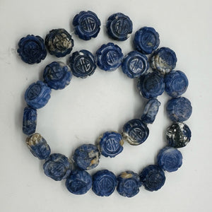 Sodalite Carved Chinese Symbol Coin Strand | 15x8mm | Blue, White | 27 Beads |