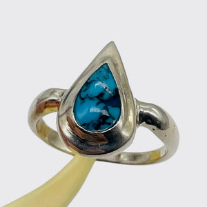 Turquoise Sterling Silver Teardrop Ring | Size 7.75 | Blue Black | 1 Ring |