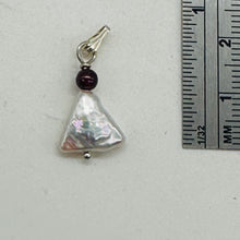 Load image into Gallery viewer, Pearl Triangle and Garnet Sterling Silver Drop Pendant | 1&quot; Long | White, Red |
