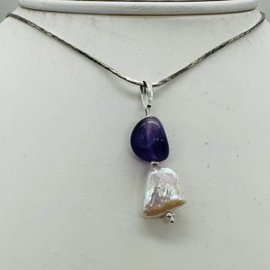 Pearl Triangle and Amethyst Sterling Silver Pendant | 1 1/4" Long | White, Red |