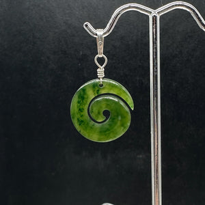 Jade New Zealand Maori Koru Sterling Silver Pendant | Green | 1" Long |