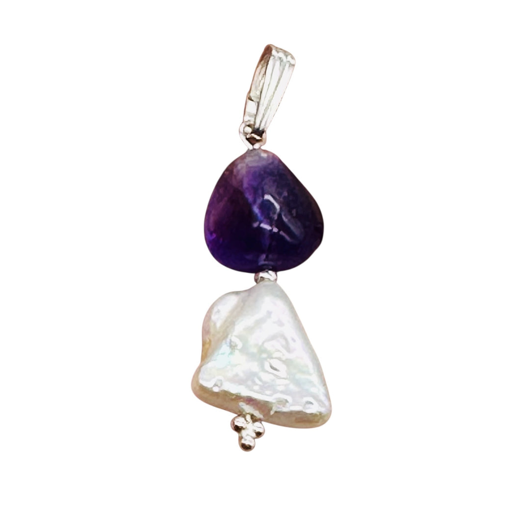 Pearl Triangle and Amethyst Sterling Silver Pendant | 1 1/4