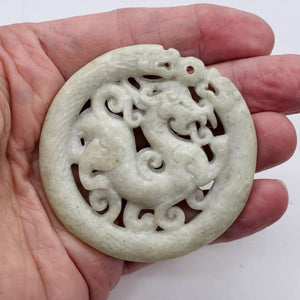 New Jade Carved Dragon Pendant Bead | Round | 2 5/8x1/4" | Pale green | 1 Bead |