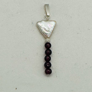 Pearl Triangle and Garnet Sterling Silver Drop Pendant| 1 3/4" Long| White, Red|