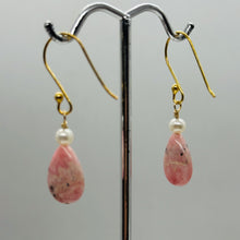 Load image into Gallery viewer, Teardrop Rhodochrosite and Pearl Drop 14K Rose Gold Filled Earrings|1 1/2" Long|
