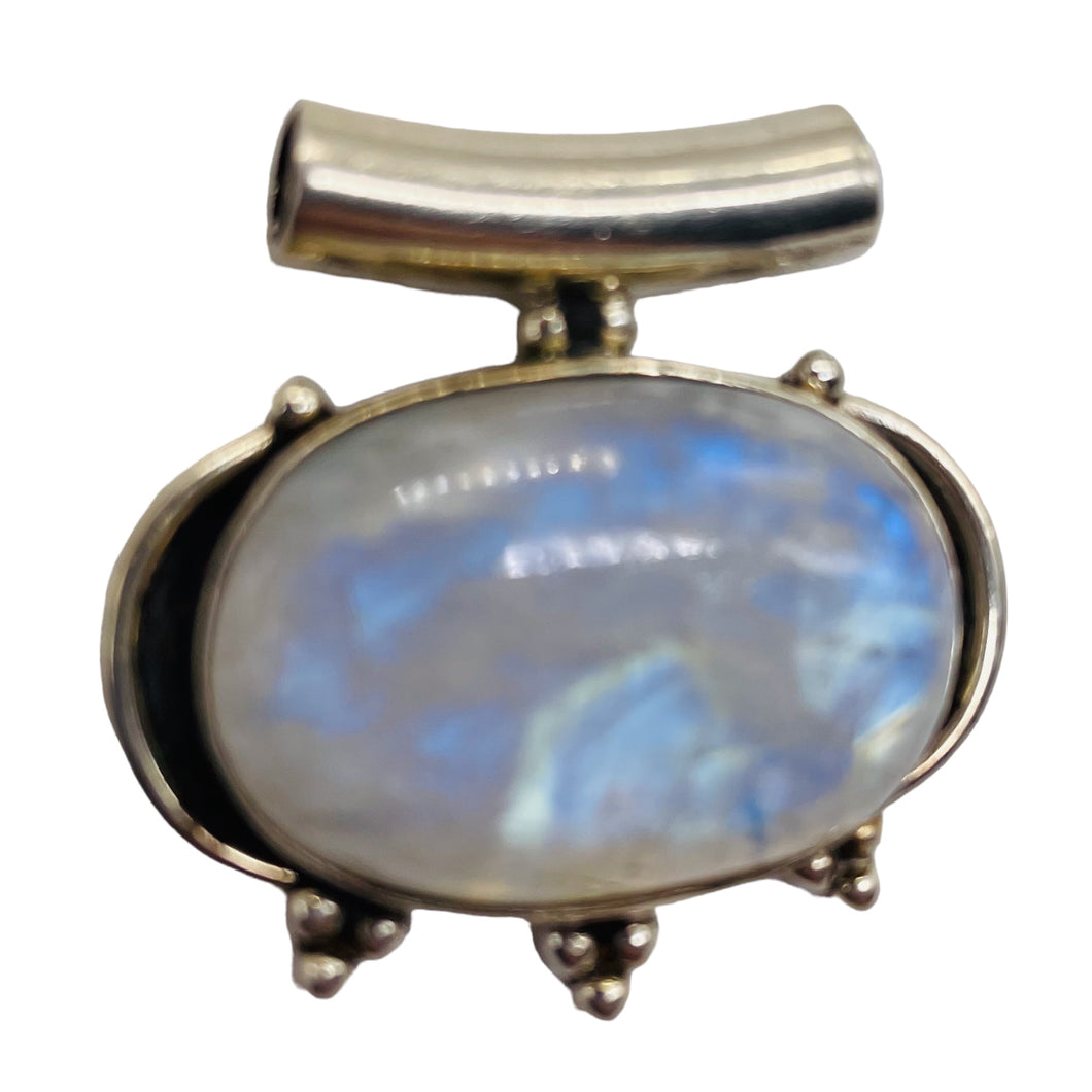 Alluring Rainbow Moonstone Sterling Silver Pendant | Blue White | 1 1/4