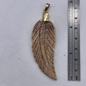 Jasper Carved Gold Trim Leaf Pendant | 3" Long | Beige Mauve | 1 Pendant |