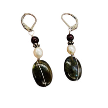 Load image into Gallery viewer, Labradorite Oval Bead Sterling Silver Wire Wrap Earrings with Euro Earwires |
