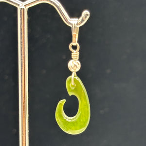 Jade Maori Hai Matau Fishhook Sterling Silver Pendant | Green | 1 1/4" Long |