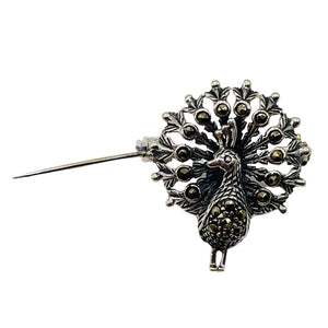Peacock Marcasite Sterling Silver Sweater Pin| 1" Long | Silver | 1 Pin |