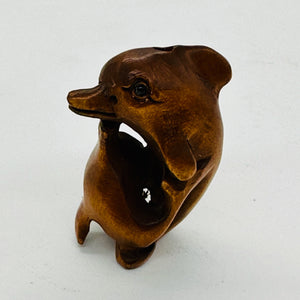 Carved Mommie Dolphin & Baby Boxwood Ojime/Netsuke Bead | 28x20x18mm | Brown