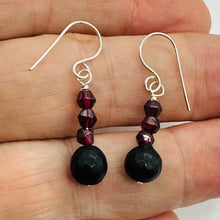 Load image into Gallery viewer, Black Stone -Africa Round Bead and Garnet Sterling Silver Earrings| Black Matte|
