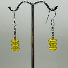 Load image into Gallery viewer, Natural Yellow Green Amber Sterling Silver Dangle Earrings 3 Bead 1.25" Handmade
