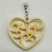 Load image into Gallery viewer, Heart Shape Delicate Carved Bone Sterling Silver Pendant| 1 3/4&quot; Long | Cream |
