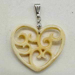 Heart Shape Delicate Carved Bone Sterling Silver Pendant| 1 3/4" Long | Cream |
