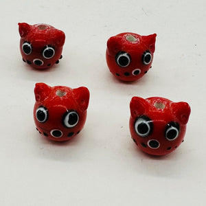 Kitty Cat Ceramic Round Beads | 15mm | Red | 4 Beads |