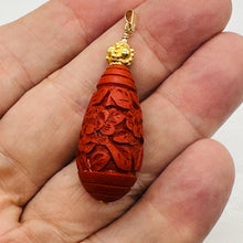 Load image into Gallery viewer, Cinnabar Carved Teardrop Barrel Bead 14K Gold Filled Pendant | 2 1/4" Long| Red|

