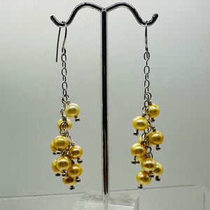 Golden Yellow Freshwater Pearl Designer Earrings | 9 Pearls | 2 1/4" Drop |