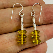 Load image into Gallery viewer, Natural Yellow Green Amber Sterling Silver Dangle Earrings 3 Bead 1.25" Handmade
