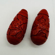 Load image into Gallery viewer, Cinnabar Carved Teardrop Barrel Beads | 34x16x12mm | Red | 2 Beads |
