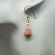 Load image into Gallery viewer, Teardrop Rhodochrosite and Pearl Drop 14K Rose Gold Filled Earrings|1 1/2" Long|
