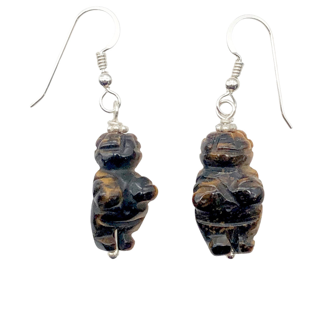 Tiger Eye Venus Goddess of Willendorf Sterling Earrings| 1 3/4