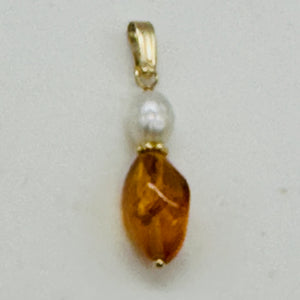 Amber and Pearl 14K Gold Filled Pendant | 1" Long | Yellow, White | 1 Pendant |