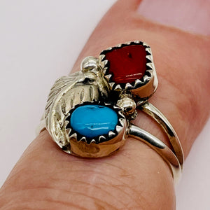 Turquoise Coral Sterling Silver Feather Design Ring | Size 5| Blue Red | 1 Ring|