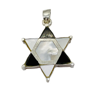 Mother of Pearl and Onyx Sterling Silver Pendant Kagome Shatkona |1 1/4" Long |