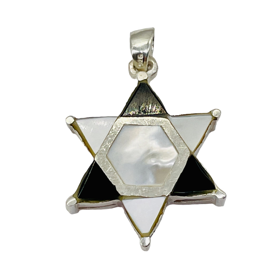 Mother of Pearl and Onyx Sterling Silver Pendant Kagome Shatkona |1 1/4