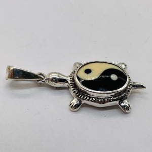 Yin Yang Sterling Silver Turtle Pendant | 1 1/2" Long | White Black | 1 Pendant |