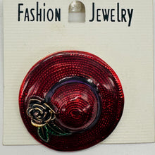 Load image into Gallery viewer, Sparkling Red Designer Hat Brooch Vintage Style Statement Pin USA 43mm
