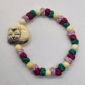 Bone and Silk Braided Kitty 6mm Beads | 6 to 7 Inch Bracelet | White, Lavender |