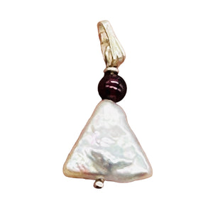 Pearl Triangle and Garnet Sterling Silver Drop Pendant | 1" Long | White, Red |