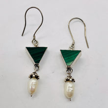 Load image into Gallery viewer, Malachite Fresh Water Pearl Sterling Silver Earrings | 2 1/4&quot; Long| Green White|
