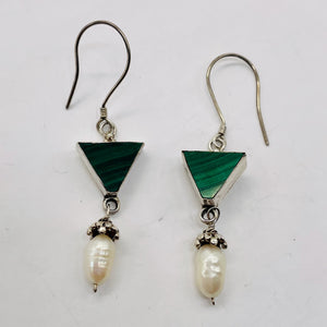 Malachite Fresh Water Pearl Sterling Silver Earrings | 2 1/4" Long| Green White|