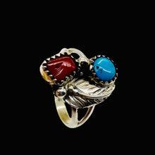 Load image into Gallery viewer, Turquoise Coral Sterling Silver Feather Design Ring | Size 5| Blue Red | 1 Ring|
