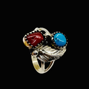 Turquoise Coral Sterling Silver Feather Design Ring | Size 5| Blue Red | 1 Ring|