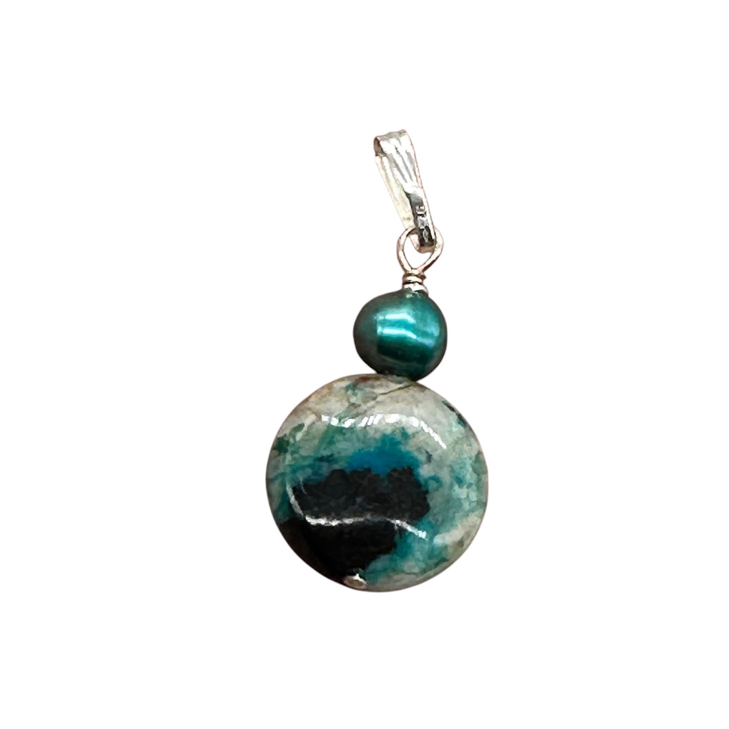 Chrysocolla Natural Semi Precious Stone Sterling Silver Pendant | 1 1/4
