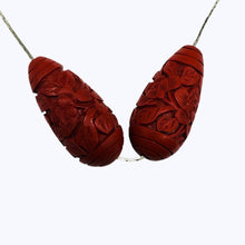 Load image into Gallery viewer, Cinnabar Carved Teardrop Barrel Beads | 34x16x12mm | Red | 2 Beads |
