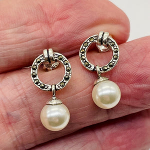 Pearl Marcasite Sterling Silver Post Dangle Earrings | 7mm | White | 1 Pair |